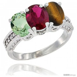 10K White Gold Natural Green Amethyst, Ruby & Tiger Eye Ring 3-Stone Oval 7x5 mm Diamond Accent