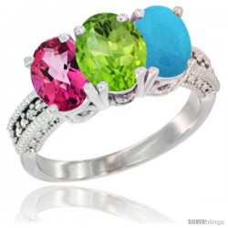 14K White Gold Natural Pink Topaz, Peridot & Turquoise Ring 3-Stone 7x5 mm Oval Diamond Accent