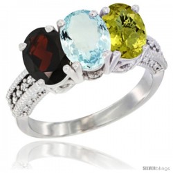 14K White Gold Natural Garnet, Aquamarine & Lemon Quartz Ring 3-Stone 7x5 mm Oval Diamond Accent