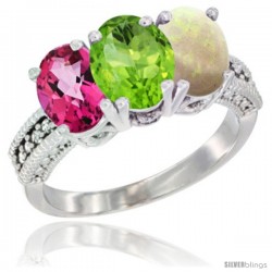 14K White Gold Natural Pink Topaz, Peridot & Opal Ring 3-Stone 7x5 mm Oval Diamond Accent