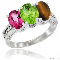 14K White Gold Natural Pink Topaz, Peridot & Tiger Eye Ring 3-Stone 7x5 mm Oval Diamond Accent