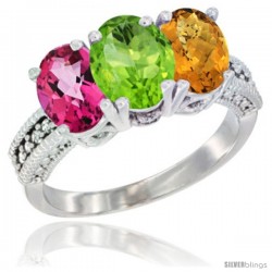 14K White Gold Natural Pink Topaz, Peridot & Whisky Quartz Ring 3-Stone 7x5 mm Oval Diamond Accent