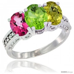 14K White Gold Natural Pink Topaz, Peridot & Lemon Quartz Ring 3-Stone 7x5 mm Oval Diamond Accent