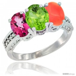 14K White Gold Natural Pink Topaz, Peridot & Coral Ring 3-Stone 7x5 mm Oval Diamond Accent