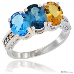 10K White Gold Natural Swiss Blue Topaz, London Blue Topaz & Citrine Ring 3-Stone Oval 7x5 mm Diamond Accent