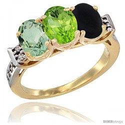 10K Yellow Gold Natural Green Amethyst, Peridot & Black Onyx Ring 3-Stone Oval 7x5 mm Diamond Accent