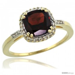 10k Yellow Gold Diamond Garnet Ring 1.5 ct Checkerboard Cut Cushion Shape 7 mm, 3/8 in wide