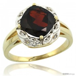 10k Yellow Gold Diamond Halo Garnet Ring 2.7 ct Checkerboard Cut Cushion Shape 8 mm, 1/2 in wide