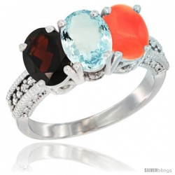 14K White Gold Natural Garnet, Aquamarine & Coral Ring 3-Stone 7x5 mm Oval Diamond Accent