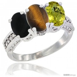 14K White Gold Natural Black Onyx, Tiger Eye & Lemon Quartz Ring 3-Stone 7x5 mm Oval Diamond Accent