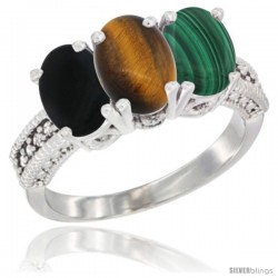 14K White Gold Natural Black Onyx, Tiger Eye & Malachite Ring 3-Stone 7x5 mm Oval Diamond Accent