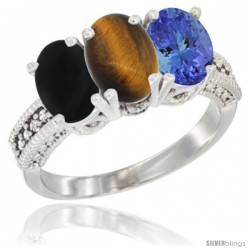 14K White Gold Natural Black Onyx, Tiger Eye & Tanzanite Ring 3-Stone 7x5 mm Oval Diamond Accent