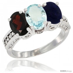 14K White Gold Natural Garnet, Aquamarine & Lapis Ring 3-Stone 7x5 mm Oval Diamond Accent