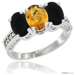 14K White Gold Natural Whisky Quartz & Black Onyx Sides Ring 3-Stone 7x5 mm Oval Diamond Accent