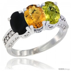 14K White Gold Natural Black Onyx, Whisky Quartz & Lemon Quartz Ring 3-Stone 7x5 mm Oval Diamond Accent