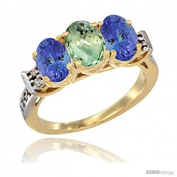 10K Yellow Gold Natural Green Amethyst & Tanzanite Sides Ring 3-Stone Oval 7x5 mm Diamond Accent