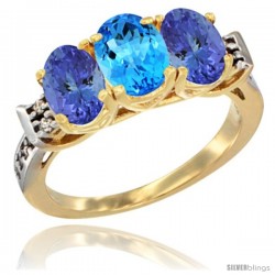 10K Yellow Gold Natural Swiss Blue Topaz & Tanzanite Sides Ring 3-Stone Oval 7x5 mm Diamond Accent