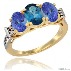 10K Yellow Gold Natural London Blue Topaz & Tanzanite Sides Ring 3-Stone Oval 7x5 mm Diamond Accent