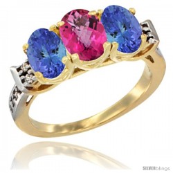 10K Yellow Gold Natural Pink Topaz & Tanzanite Sides Ring 3-Stone Oval 7x5 mm Diamond Accent