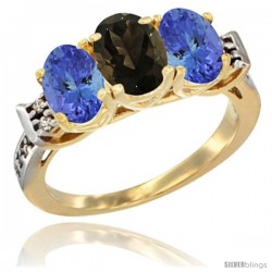 10K Yellow Gold Natural Smoky Topaz & Tanzanite Sides Ring 3-Stone Oval 7x5 mm Diamond Accent