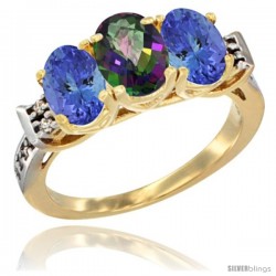 10K Yellow Gold Natural Mystic Topaz & Tanzanite Sides Ring 3-Stone Oval 7x5 mm Diamond Accent