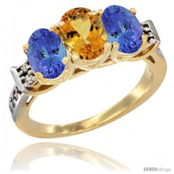 10K Yellow Gold Natural Citrine & Tanzanite Sides Ring 3-Stone Oval 7x5 mm Diamond Accent