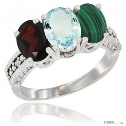 14K White Gold Natural Garnet, Aquamarine & Malachite Ring 3-Stone 7x5 mm Oval Diamond Accent