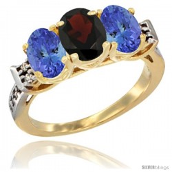 10K Yellow Gold Natural Garnet & Tanzanite Sides Ring 3-Stone Oval 7x5 mm Diamond Accent