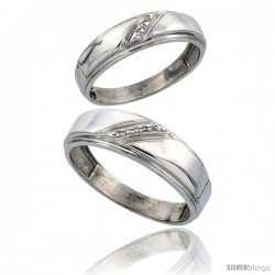 Sterling Silver Diamond 2 Piece Wedding Ring Set His 7mm & Hers 5.5mm Rhodium finish