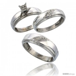 Sterling Silver Diamond Trio Wedding Ring Set His 7mm & Hers 5.5mm Rhodium finish