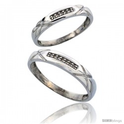 Sterling Silver Diamond 2 Piece Wedding Ring Set His 4mm & Hers 3.5mm Rhodium finish
