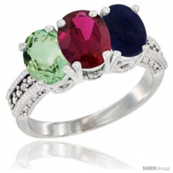 10K White Gold Natural Green Amethyst, Ruby & Lapis Ring 3-Stone Oval 7x5 mm Diamond Accent