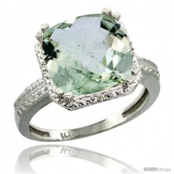 10k White Gold Diamond Green-Amethyst Ring 5.94 ct Checkerboard Cushion 11 mm Stone 1/2 in wide