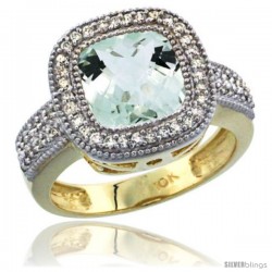 10K Yellow Gold Natural Green-Amethyst Ring Cushion-cut 9x9 Stone Diamond Accent