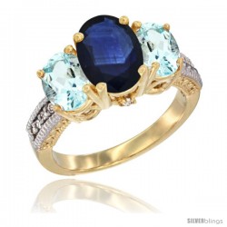 14K Yellow Gold Ladies 3-Stone Oval Natural Blue Sapphire Ring with Aquamarine Sides Diamond Accent