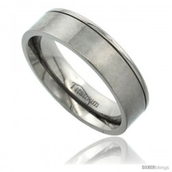 Titanium 6mm Flat Wedding Band Ring Matte Finish one Polished Grooved Edge Comfort-fit