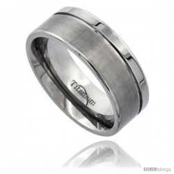 Titanium 8mm Flat Wedding Band Ring Matte Finish one Polished Grooved Edge Comfort-fit
