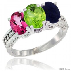 14K White Gold Natural Pink Topaz, Peridot & Lapis Ring 3-Stone 7x5 mm Oval Diamond Accent