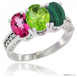 14K White Gold Natural Pink Topaz, Peridot & Malachite Ring 3-Stone 7x5 mm Oval Diamond Accent