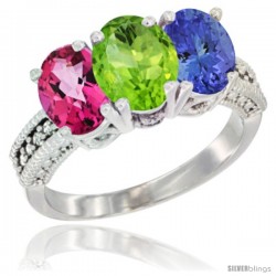 14K White Gold Natural Pink Topaz, Peridot & Tanzanite Ring 3-Stone 7x5 mm Oval Diamond Accent