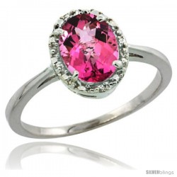 14k White Gold Diamond Halo Pink Topaz Ring 1.2 ct Oval Stone 8x6 mm, 1/2 in wide