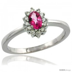 14k White Gold Diamond Halo Pink Topaz Ring 0.25 ct Oval Stone 5x3 mm, 5/16 in wide