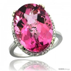 14k White Gold Diamond Halo Large Pink Topaz Ring 10.3 ct Oval Stone 18x13 mm, 3/4 in wide