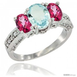 14k White Gold Ladies Oval Natural Aquamarine 3-Stone Ring with Pink Topaz Sides Diamond Accent