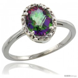 10k White Gold Diamond Halo Mystic Topaz Ring 1.2 ct Oval Stone 8x6 mm, 1/2 in wide