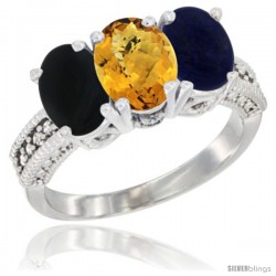 14K White Gold Natural Black Onyx, Whisky Quartz & Lapis Ring 3-Stone 7x5 mm Oval Diamond Accent