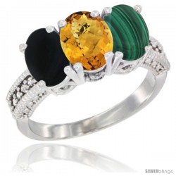 14K White Gold Natural Black Onyx, Whisky Quartz & Malachite Ring 3-Stone 7x5 mm Oval Diamond Accent