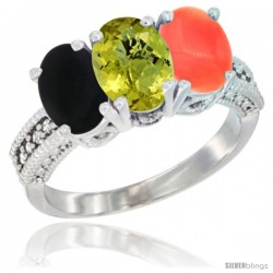 14K White Gold Natural Black Onyx, Lemon Quartz & Coral Ring 3-Stone 7x5 mm Oval Diamond Accent