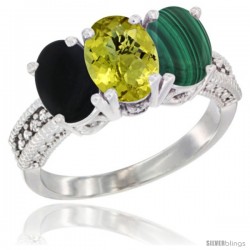 14K White Gold Natural Black Onyx, Lemon Quartz & Malachite Ring 3-Stone 7x5 mm Oval Diamond Accent