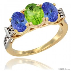 10K Yellow Gold Natural Peridot & Tanzanite Sides Ring 3-Stone Oval 7x5 mm Diamond Accent